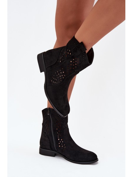Openwork Women's Ankle Boots Flat Heel Black Amisna
