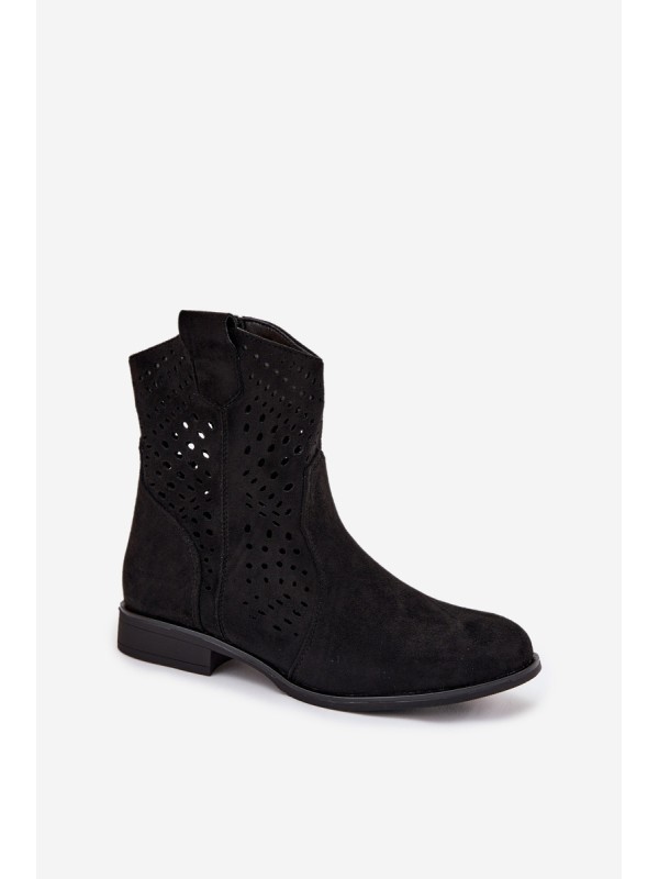 Openwork Women's Ankle Boots Flat Heel Black Amisna