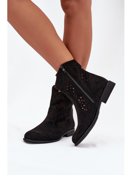 Openwork Women's Ankle Boots Flat Heel Black Amisna