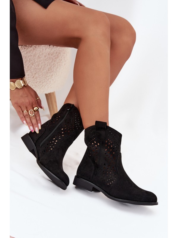 Openwork Women's Ankle Boots Flat Heel Black Amisna