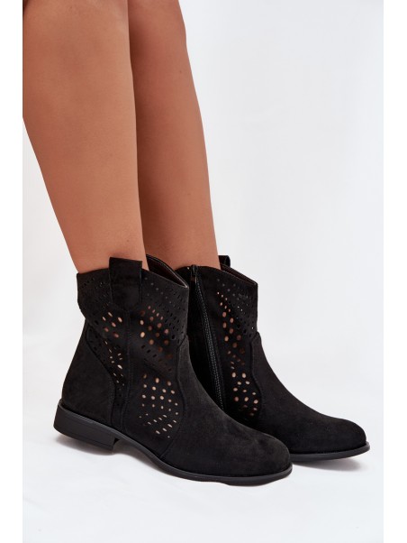 Openwork Women's Ankle Boots Flat Heel Black Amisna