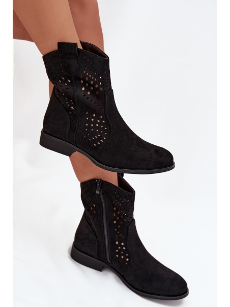Openwork Women's Ankle Boots Flat Heel Black Amisna
