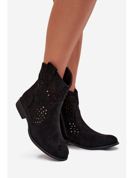 Openwork Women's Ankle Boots Flat Heel Black Amisna