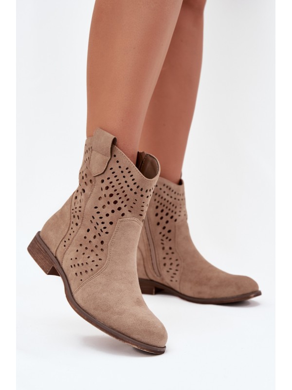 Ladies openwork ankle boots with flat heel beige Amisna