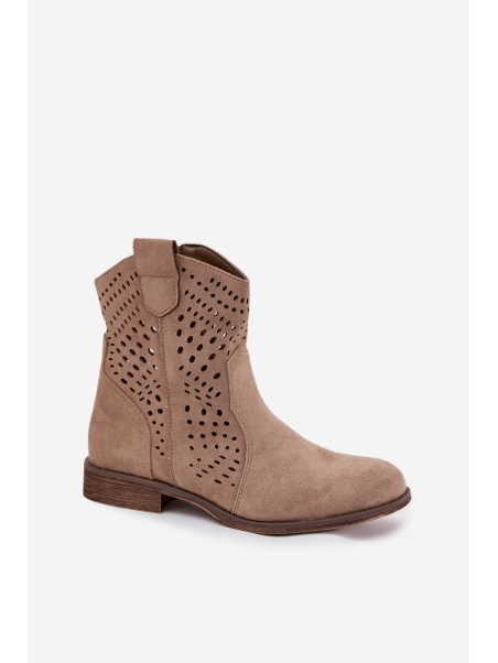 Ladies openwork ankle boots with flat heel beige Amisna