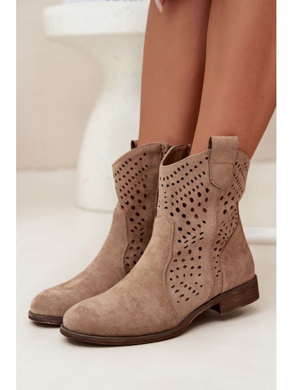 Ladies openwork ankle boots with flat heel beige Amisna