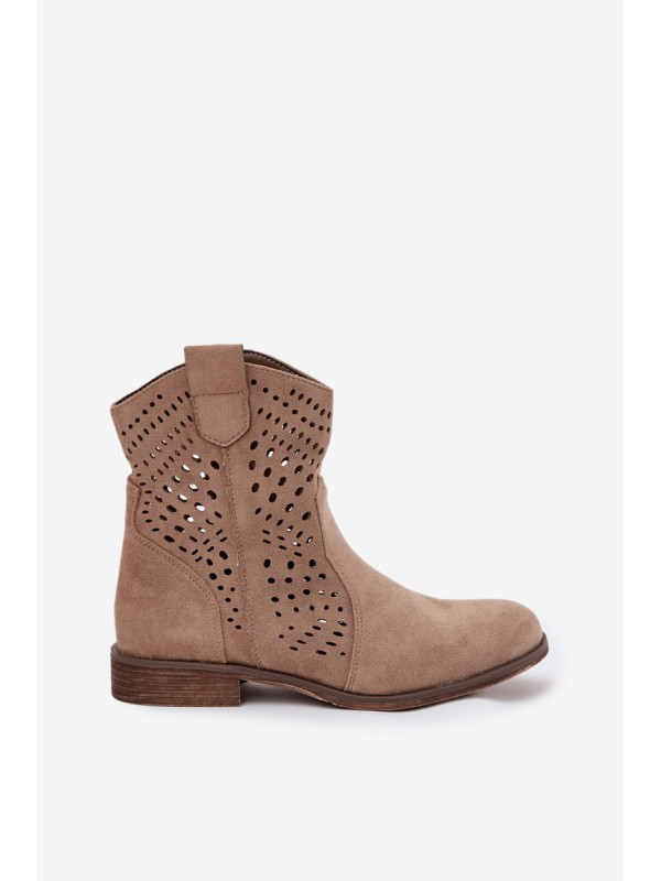 Ladies openwork ankle boots with flat heel beige Amisna