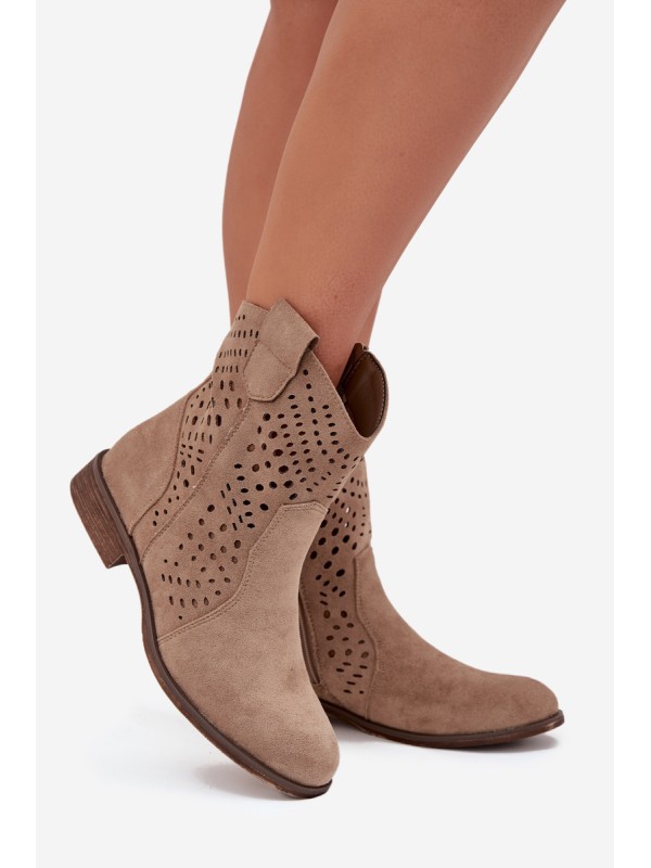 Ladies openwork ankle boots with flat heel beige Amisna