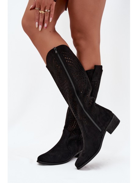 Openwork Women's Knee-High Block Heeled Boots Black Fioris