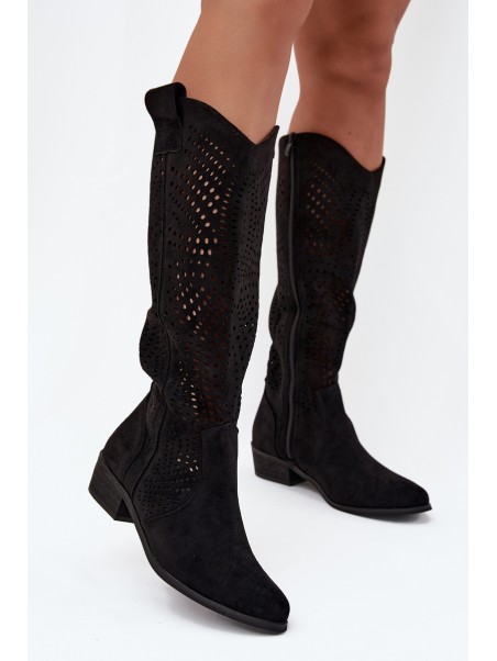 Openwork Women's Knee-High Block Heeled Boots Black Fioris