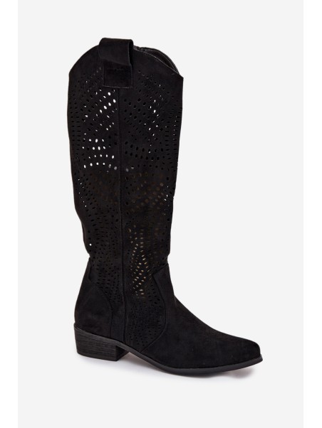 Openwork Women's Knee-High Block Heeled Boots Black Fioris