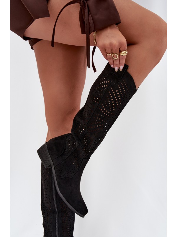 Openwork Women's Knee-High Block Heeled Boots Black Fioris
