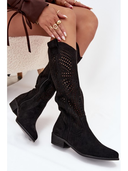 Openwork Women's Knee-High Block Heeled Boots Black Fioris