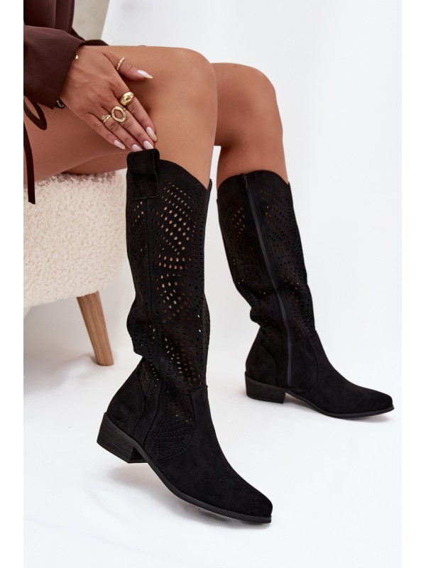 Openwork Women's Knee-High Block Heeled Boots Black Fioris
