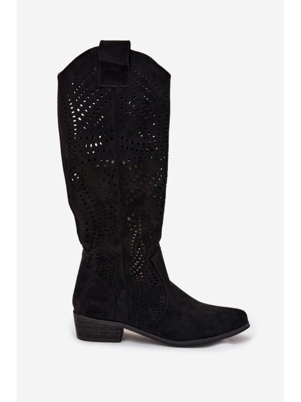 Openwork Women's Knee-High Block Heeled Boots Black Fioris