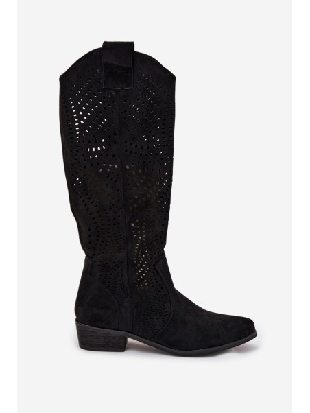 Openwork Women's Knee-High Block Heeled Boots Black Fioris