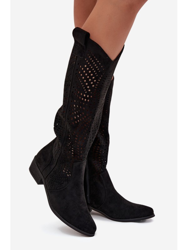 Openwork Women's Knee-High Block Heeled Boots Black Fioris