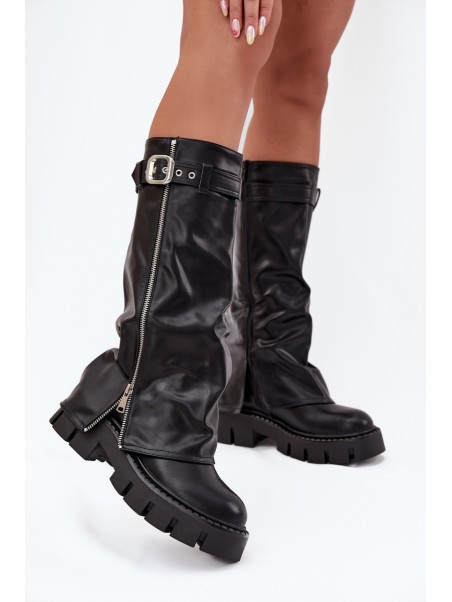 Insulated boots with turned collar buckle and silver zipper Black Armena
