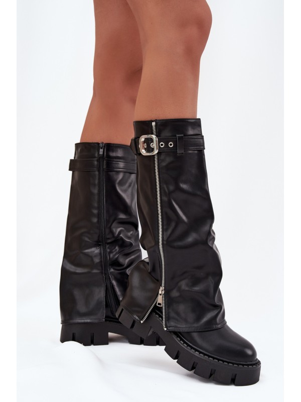 Insulated boots with turned collar buckle and silver zipper Black Armena 2