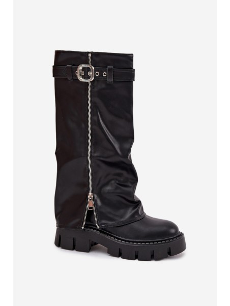 Insulated boots with turned collar buckle and silver zipper Black Armena