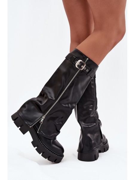 Insulated boots with turned collar buckle and silver zipper Black Armena