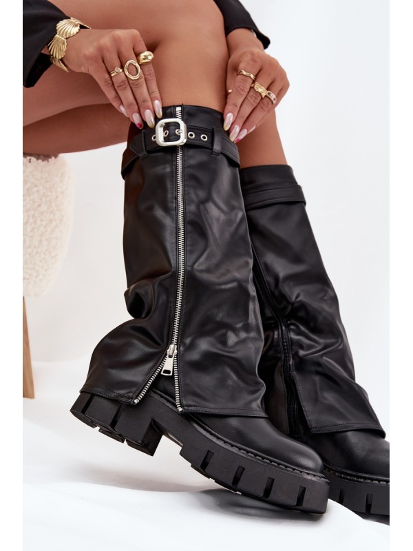 Insulated boots with turned collar buckle and silver zipper Black Armena