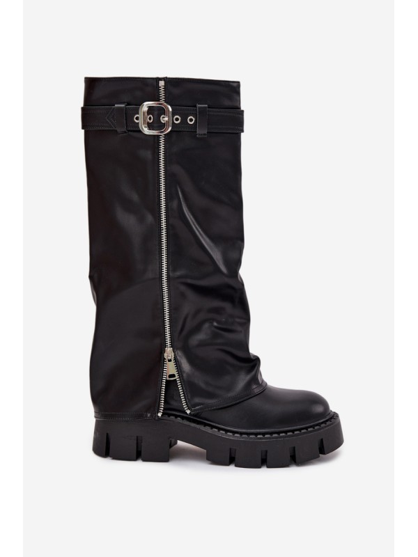 Insulated boots with turned collar buckle and silver zipper Black Armena