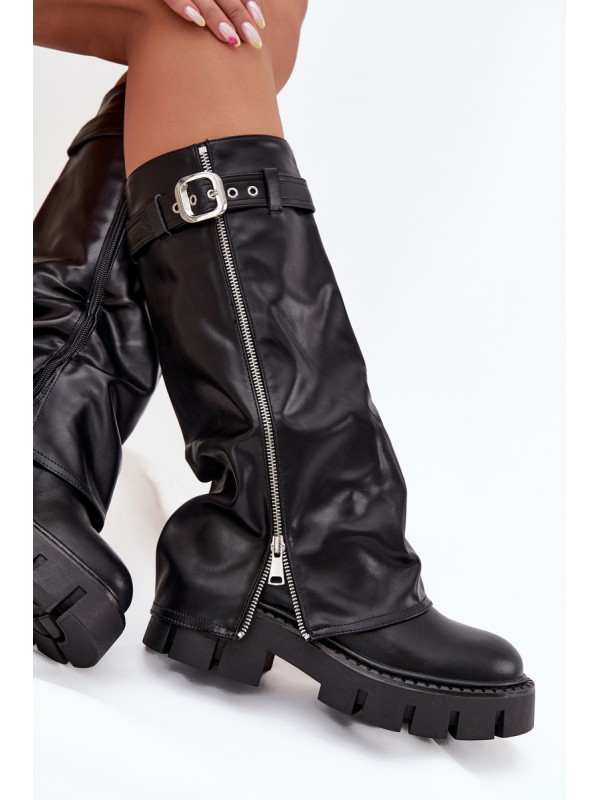 Insulated boots with turned collar buckle and silver zipper Black Armena