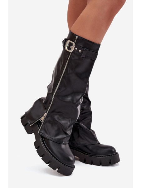 Insulated boots with turned collar buckle and silver zipper Black Armena