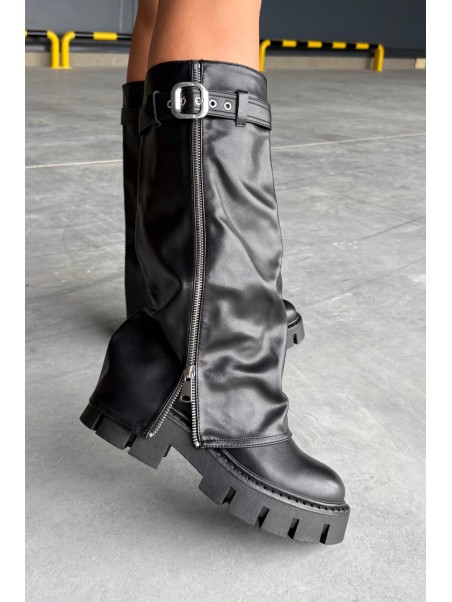 Insulated boots with turned collar buckle and silver zipper Black Armena