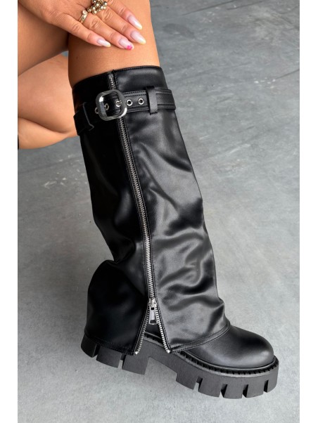 Insulated boots with turned collar buckle and silver zipper Black Armena