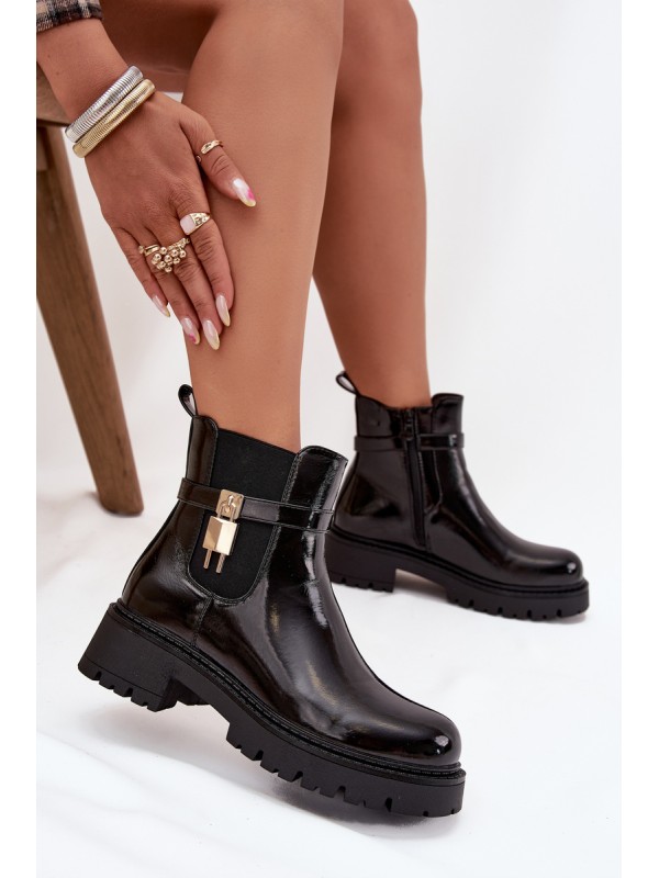 Patent leather ankle boots with lining with gold detail black Talyra