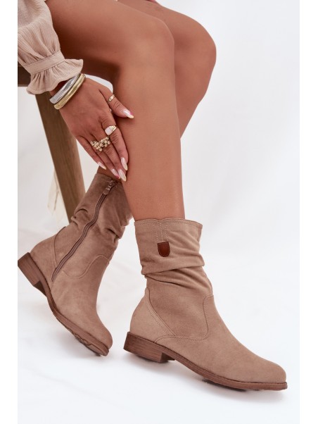 Insulated Women's Boots With Ruched Shaft Flat Heel Beige Krisia