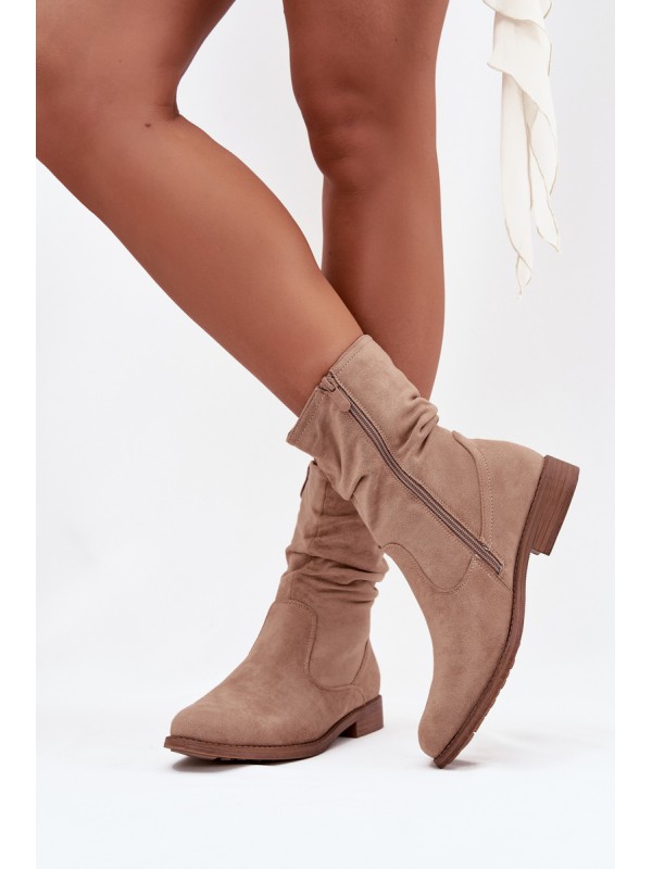 Insulated Women's Boots With Ruched Shaft Flat Heel Beige Krisia
