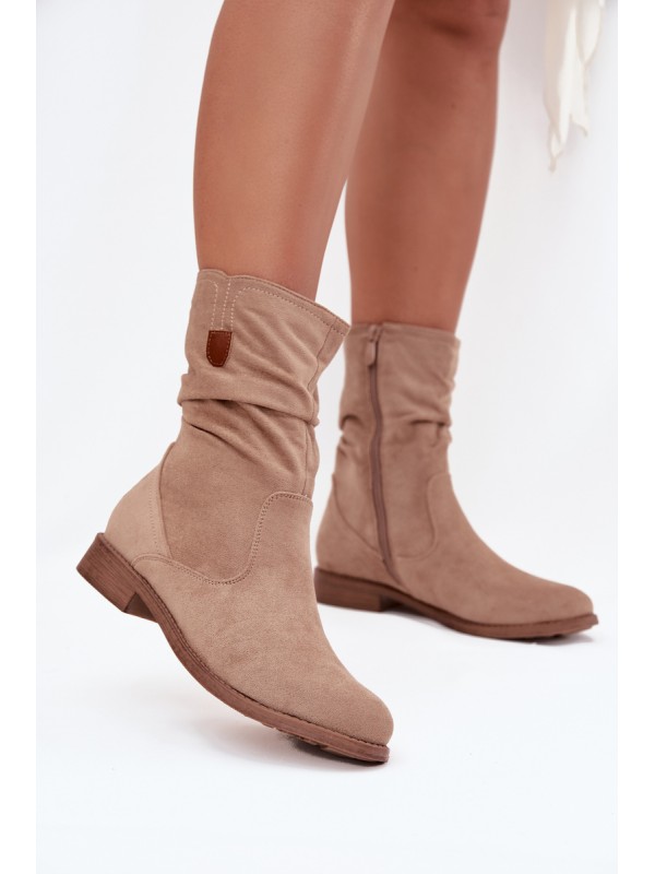 Insulated Women's Boots With Ruched Shaft Flat Heel Beige Krisia