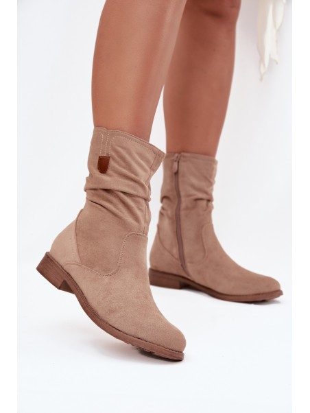 Insulated Women's Boots With Ruched Shaft Flat Heel Beige Krisia