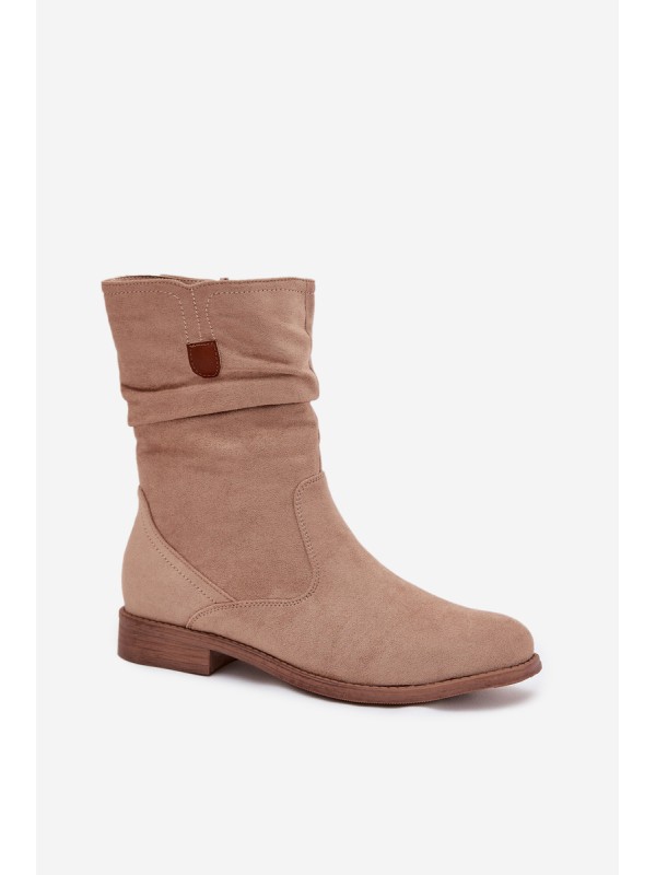 Insulated Women's Boots With Ruched Shaft Flat Heel Beige Krisia