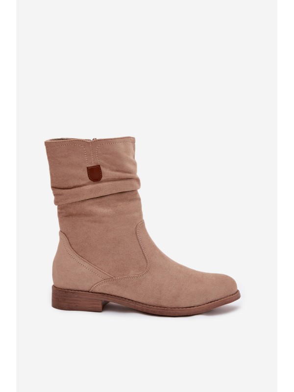 Insulated Women's Boots With Ruched Shaft Flat Heel Beige Krisia