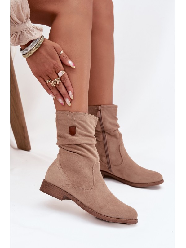 Insulated Women's Boots With Ruched Shaft Flat Heel Beige Krisia