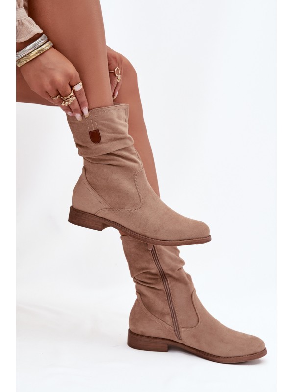 Insulated Women's Boots With Ruched Shaft Flat Heel Beige Krisia