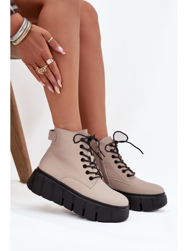 Leather Insulated Women's Ankle Boots on Platform Vinceza 66803 Beige