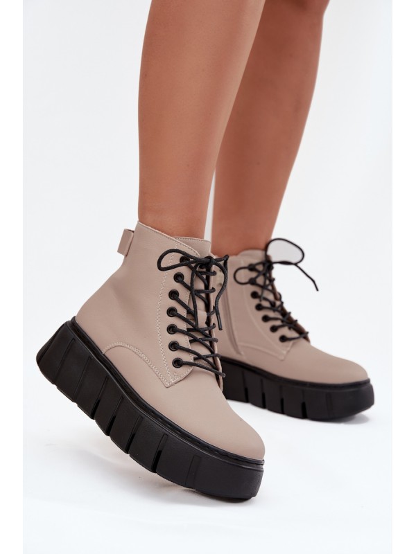 Leather Insulated Women's Ankle Boots on Platform Vinceza 66803 Beige