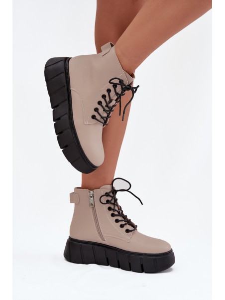 Leather Insulated Women's Ankle Boots on Platform Vinceza 66803 Beige