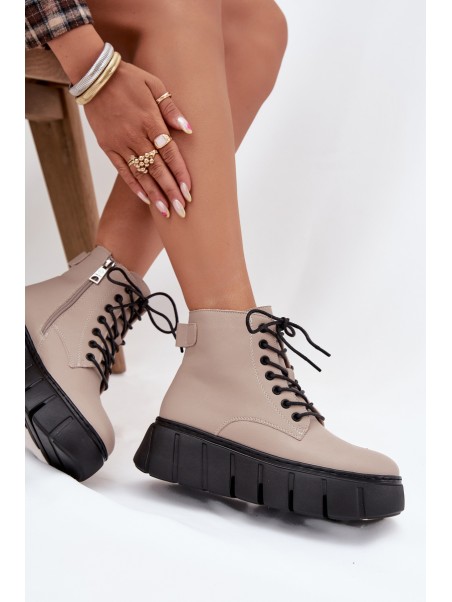 Leather Insulated Women's Ankle Boots on Platform Vinceza 66803 Beige