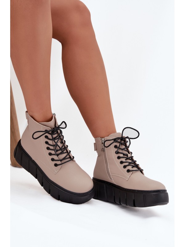 Leather Insulated Women's Ankle Boots on Platform Vinceza 66803 Beige