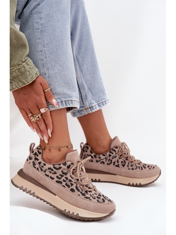 Suede Insulated Women's Sneakers on Platform Vinceza 66836 Leopard Beige