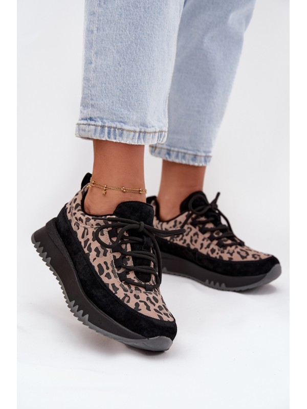 Suede Insulated Sneakers for Women on Platform Vinceza 66836 Leopard Print Black 2