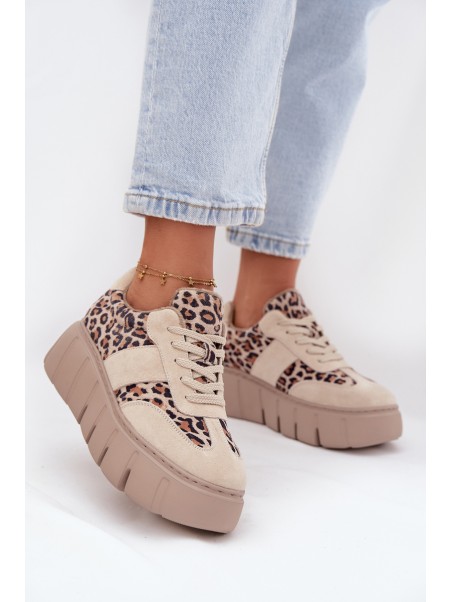 Suede Insulated Women's Sneakers On Chunky Platform Vinceza 66841 Leopard Beige