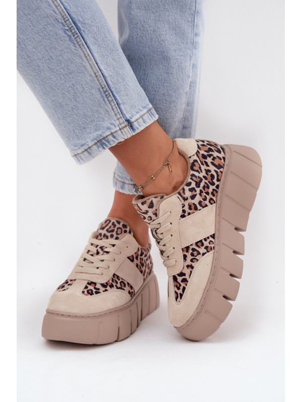 Suede Insulated Women's Sneakers On Chunky Platform Vinceza 66841 Leopard Beige 2