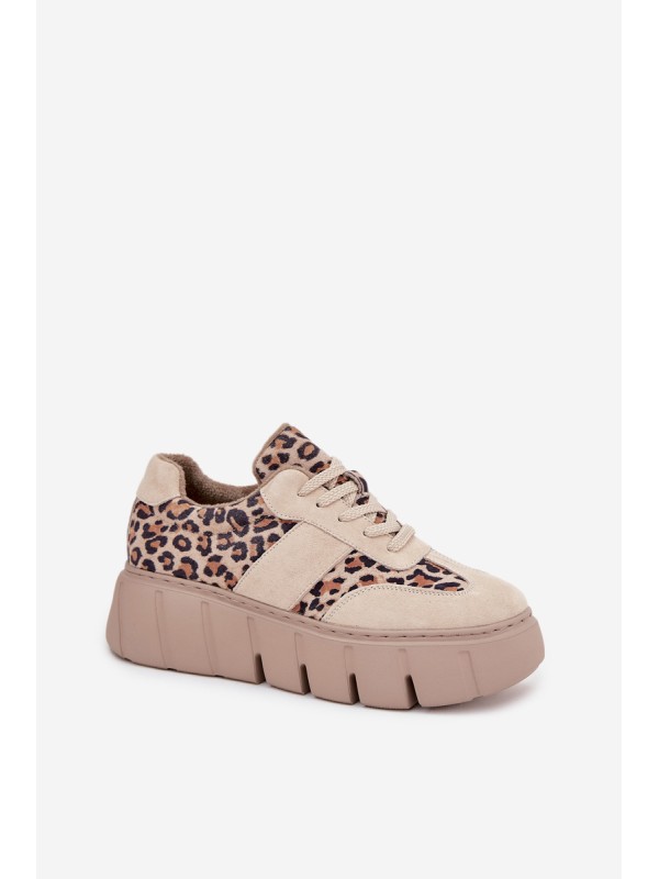 Suede Insulated Women's Sneakers On Chunky Platform Vinceza 66841 Leopard Beige